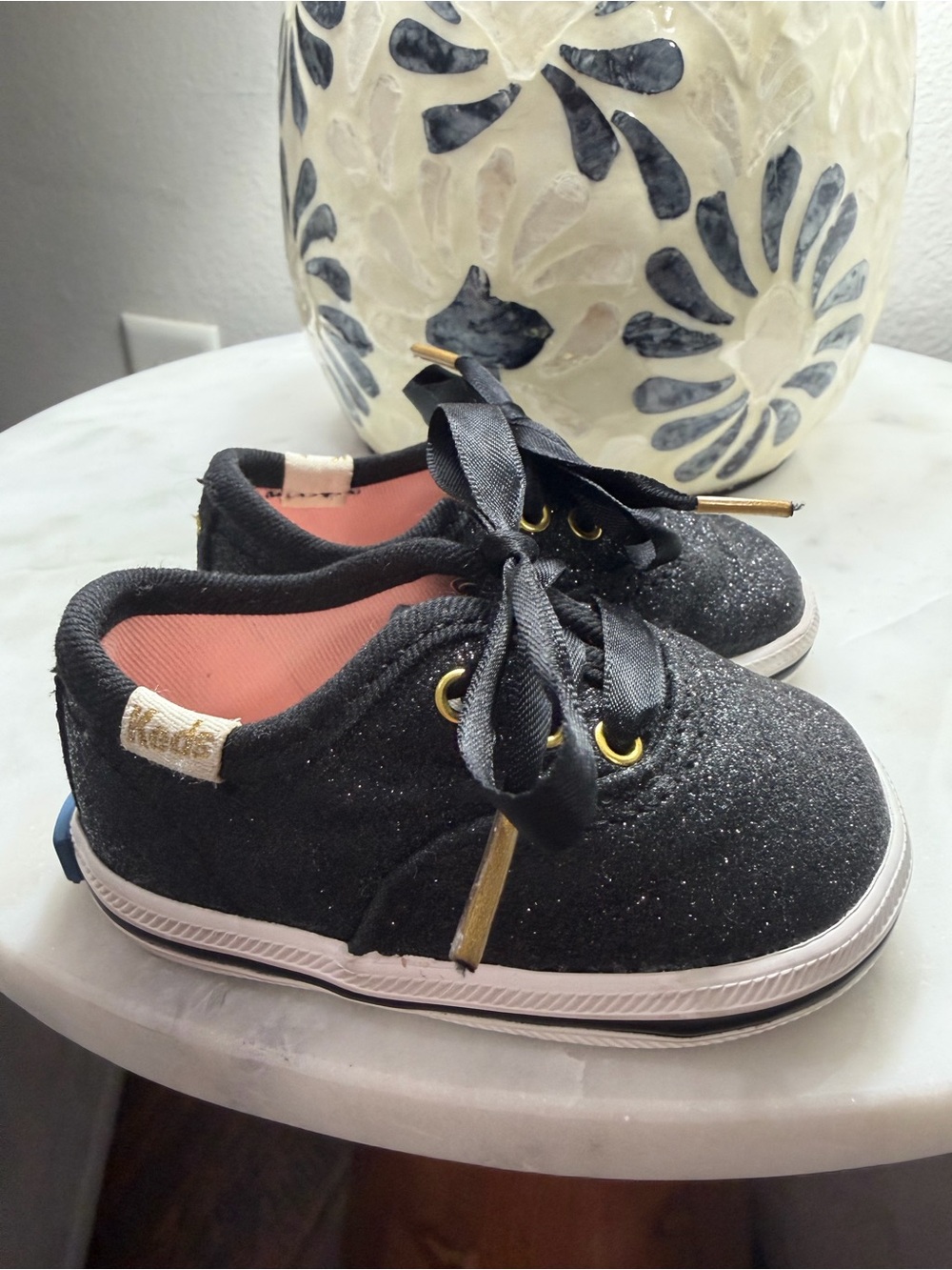 Kate Spade Keds Black Glitter Ribbon Laces Baby Girl Size 1